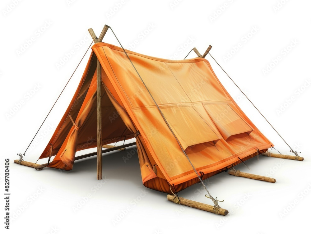 Poster a tent is set up in the wilderness. the tent is orange and has a wooden frame. the tent is set up in