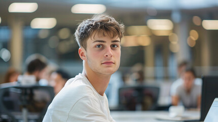 Young man in busy office environment. Portrait of a focused young man in a bustling office setting, suggesting a modern and collaborative work environment.