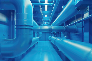 Obraz premium Industrial interior with large blue pipes in a modern facility. Engineering and infrastructure concept.