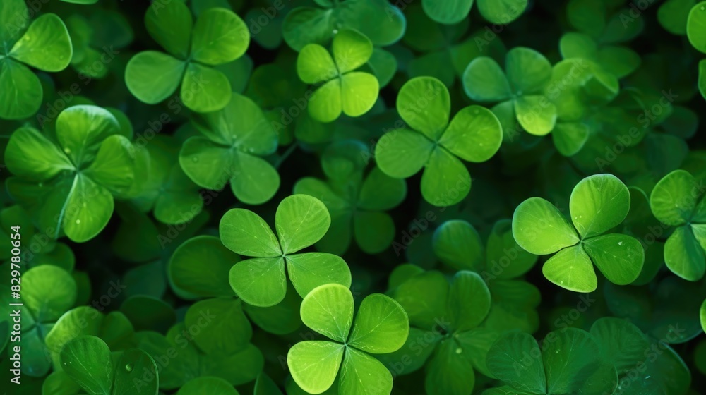Poster a close up of green clovers with a green background. the clovers are all the same size and are arran