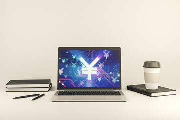 Creative Japanese Yen symbol illustration on modern computer monitor, forex and currency concept....