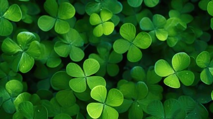 A close up of green clovers with a green background. The clovers are all the same size and are arranged in a way that they look like a four leaf clover