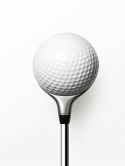 A golf ball is sitting on a golf club. The ball is white and has a few black spots. Concept of focus and precision, as the ball is the main subject and the club is the tool used to hit it