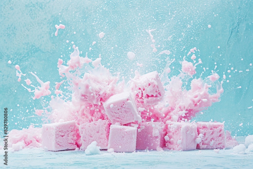 Poster pink ice cubes are scattered on a blue background. concept of fun and playfulness, as the ice cubes 