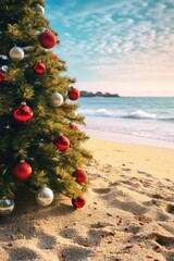 A Christmas tree with red and silver ornaments is on a beach. The beach is a beautiful and serene setting, with the ocean in the background. The tree is the focal point of the image