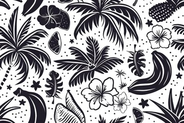 A black and white image of tropical plants and flowers. The image is of a tropical forest with palm trees, flowers, and bananas. Scene is serene and peaceful, as the plants