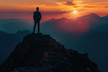 A man stands on a mountain peak, looking out at the sunset. Concept of solitude and contemplation, as the man is alone on the mountain and takes in the beauty of the sunset