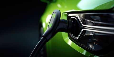 A green car is plugged into a charging station. The car is electric and is being charged. Concept of sustainability and the importance of using electric vehicles to reduce carbon emissions