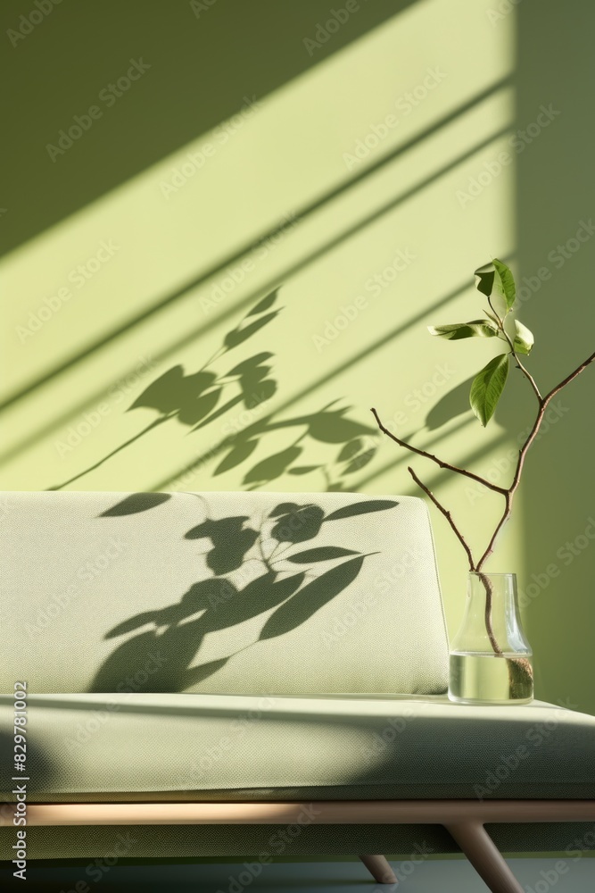 Poster a green couch is sitting in front of a wall with a green color. a vase with a plant in it is placed 