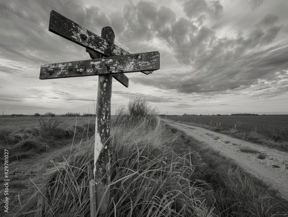 Poster a wooden post with a cross on it is standing in a field. the sky is cloudy and the field is empty