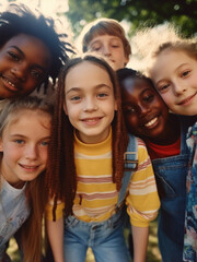 Fototapeta premium A group of children are smiling and posing for a picture. The children are of different races and ages, but they all seem to be enjoying themselves