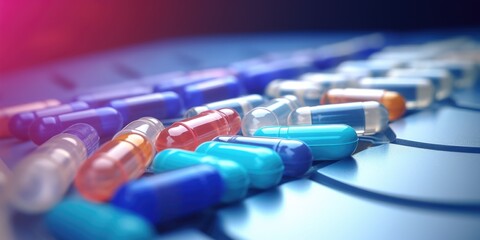 A bunch of pills are scattered on a blue surface. The pills are of different colors and sizes