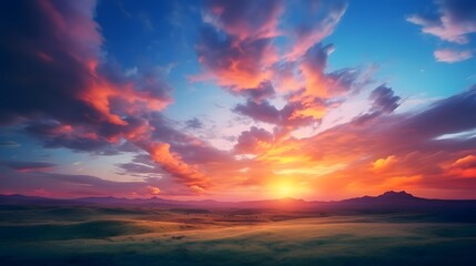 Obraz premium Sunset over a grassy field. Generative AI.