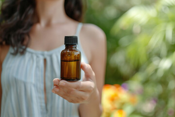 Fototapeta premium A woman is holding a bottle of essential oil. The bottle is brown and has a black cap. The woman is standing in a garden with trees and flowers in the background. Concept of relaxation and tranquility