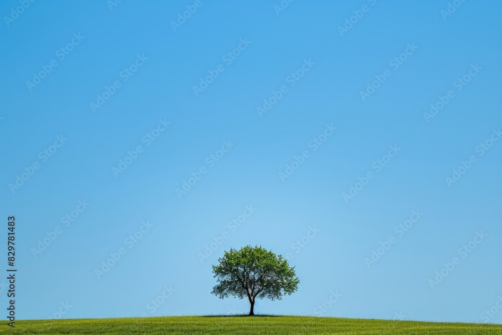 Poster a lone tree stands in a field of grass. the sky is clear and blue, and the tree is the only object i