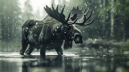 The moose waded through the shallow lake