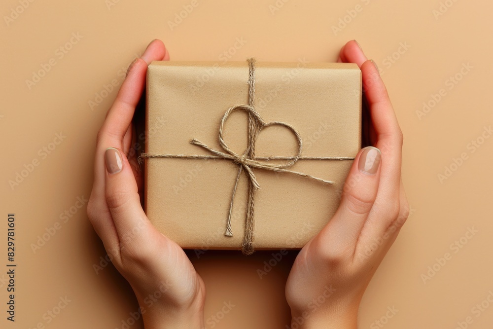 Poster a person is holding a brown box with a heart-shaped string tied around it. the box is wrapped in bro