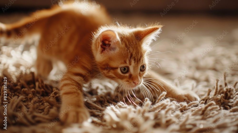 Poster a kitten is playing with a toy on a carpet. the kitten is orange and has a playful expression
