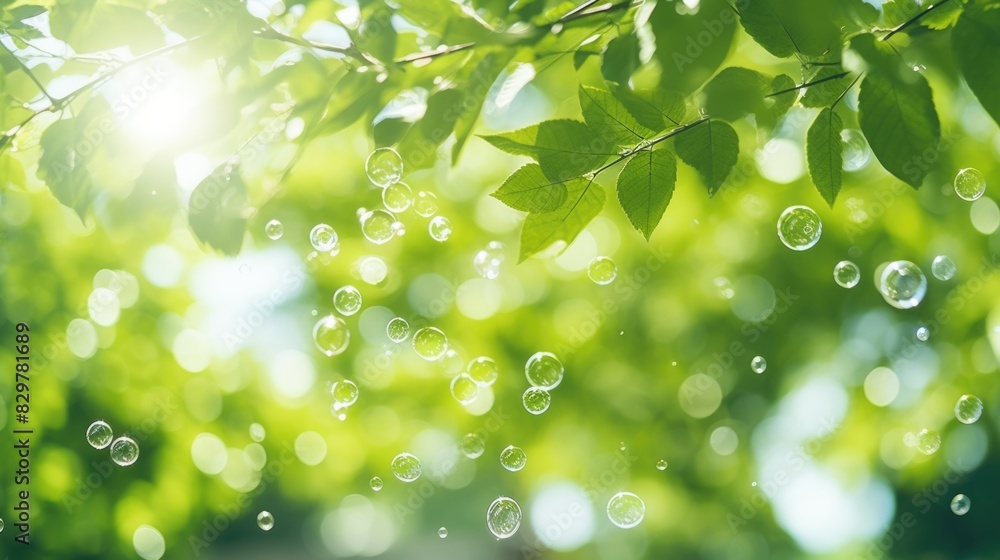 Poster a tree with bubbles falling from it. the bubbles are green and the tree is full of them