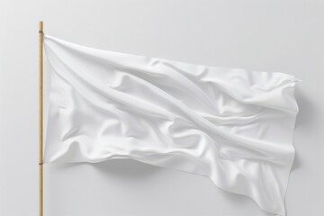 A white flag with a wooden pole. The flag is waving in the wind
