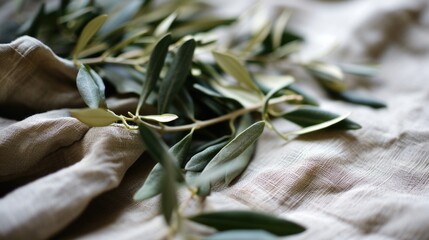 A leafy olive branch is on a white cloth. The olive branch is green and has a few brown tips. Concept of calmness and serenity