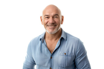 Bald Middle-Aged Man in Light Blue Shirt Smiling on White Background