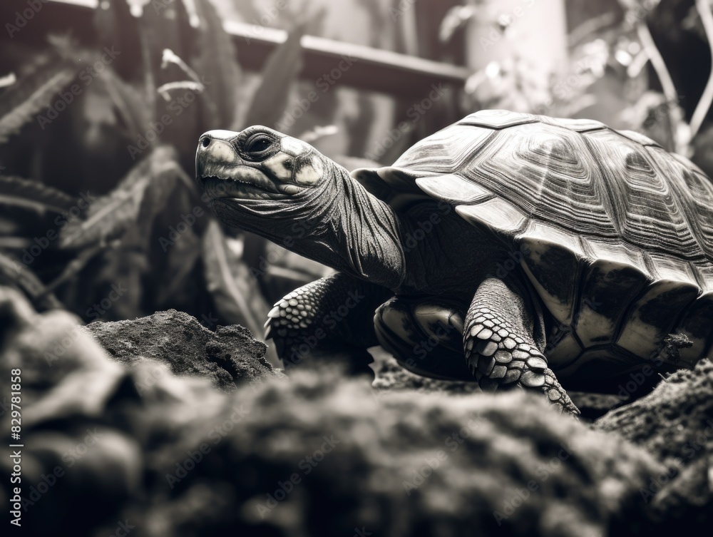 Poster a turtle is walking on the ground. the turtle is small and has a black and white shell