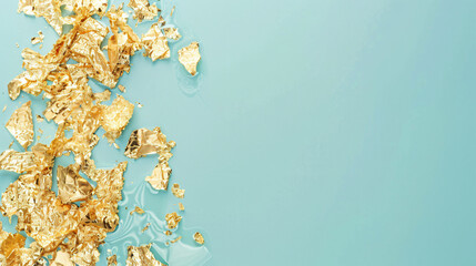 Edible gold leaf sheet on light blue background top view
