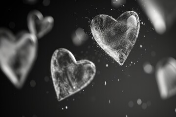 A series of hearts are floating in the air, with one of them being larger than the others. Concept of lightness and playfulness, as if the hearts are floating effortlessly through the air