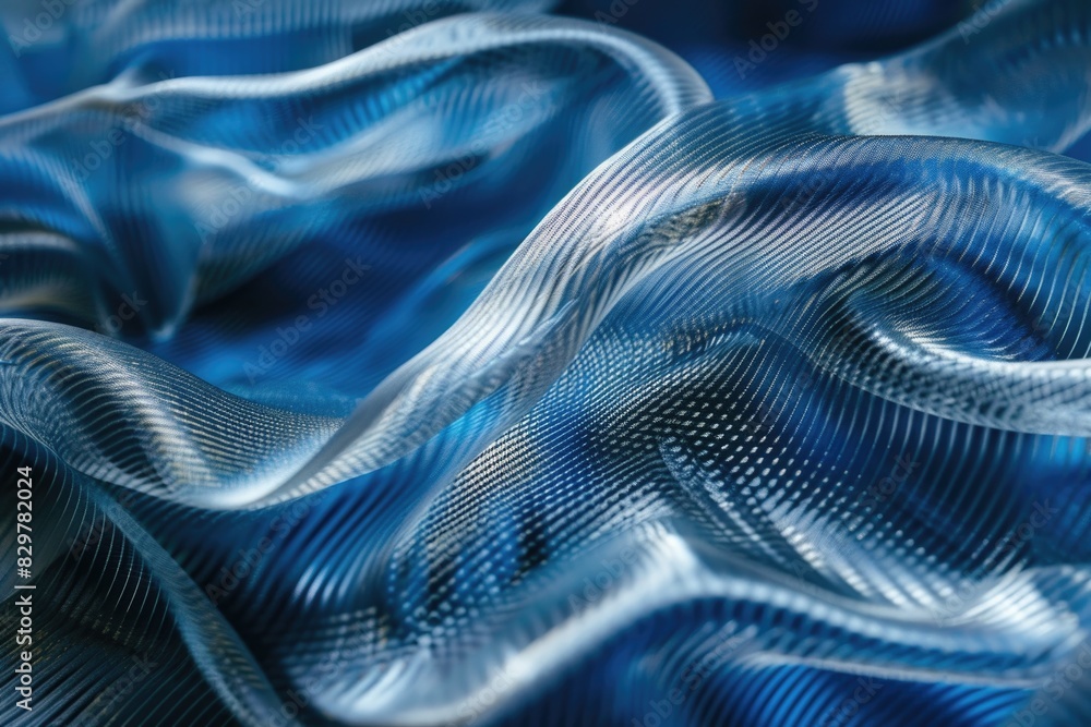 Poster a blue and silver fabric with a wave pattern. the fabric is made of a shiny material and has a metal