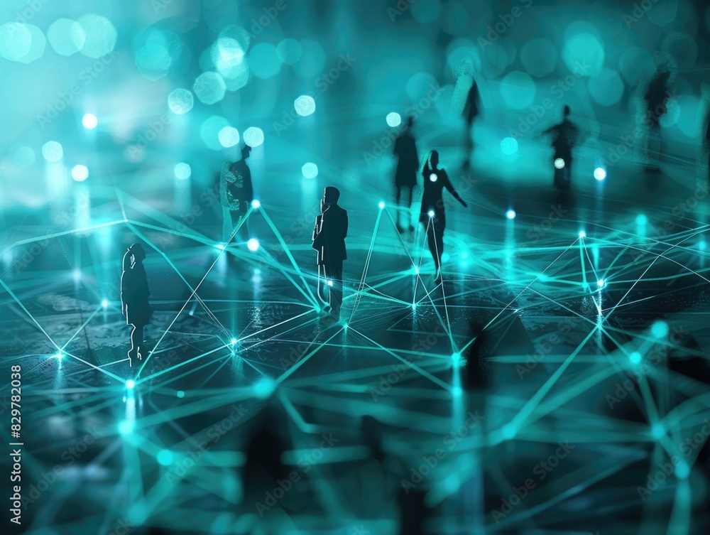 Poster a group of people are connected by a network of lines. concept of interconnectedness and the idea th