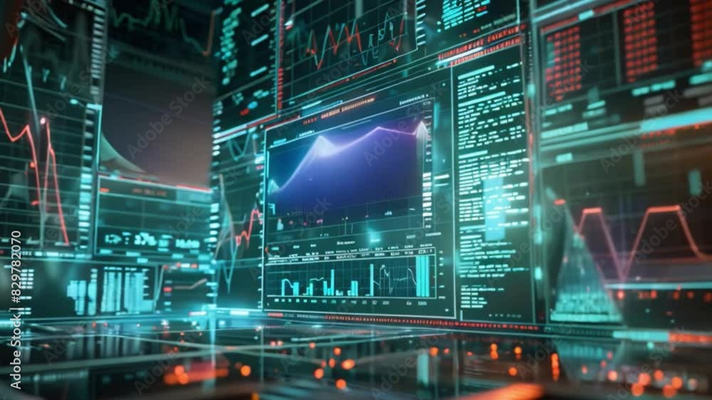 Poster multiple digital screens displaying various financial analytics and stock charts in a modern office,