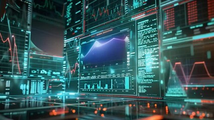 Multiple digital screens displaying various financial analytics and stock charts in a modern office, illuminated by blue and orange lights.