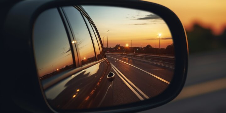A car's rear view mirror shows a city street at sunset. The reflection of the street lights and the sky in the mirror creates a serene and peaceful atmosphere