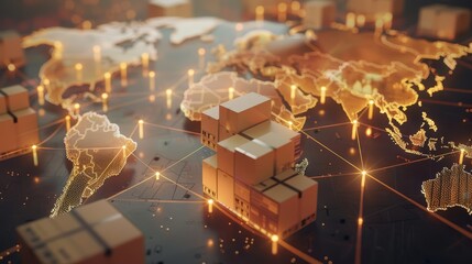 Visual representation of global shipping and logistics network with cardboard boxes connected by glowing lines on a world map Closeup shot focusing on the boxes and the network lin