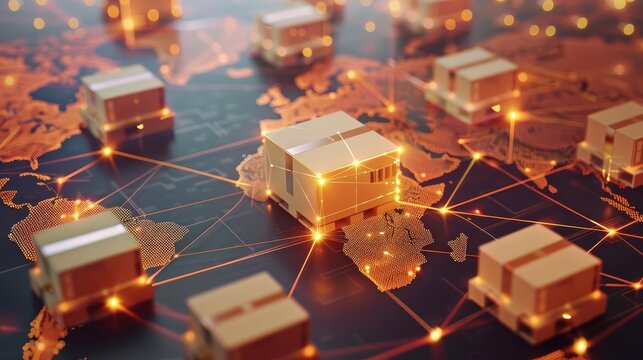 Visual representation of global shipping and logistics network with cardboard boxes connected by glowing lines on a world map Closeup shot focusing on the boxes and the network lin
