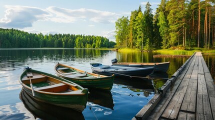 Obraz premium At a picturesque camping site in Finland, motor boats, cutters, and small fishing rowing boats are tied to a pier. 