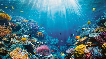 Fototapeta premium A colorful coral reef with a variety of fish swimming in the water