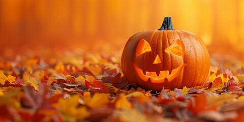 A Halloween pumpkin with a scary face is on a ground covered with leaves