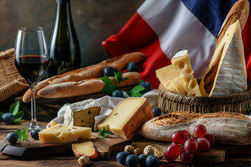 French food and wine creative background for menu and restaurant. Typical gourmet in France. Wine, cheese, baguette with french flag. Food menu, copy space design.