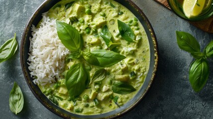A vibrant Thai green curry served in a traditional bowl, with jasmine rice and fresh basil leaves on the side.