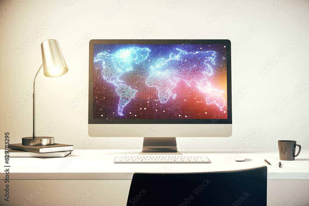 Aufkleber Modern computer monitor with abstract digital world map, research and strategy concept. 3D Rendering
