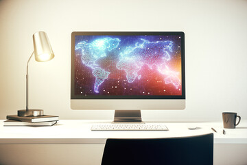 Modern computer monitor with abstract digital world map, research and strategy concept. 3D Rendering