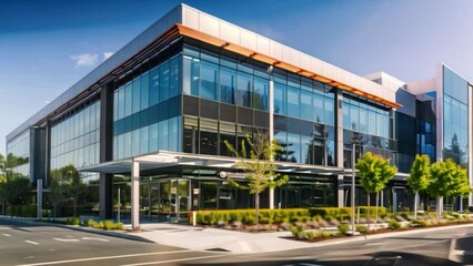 A contemporary office building with large glass windows and a clean, professional exterior. Located in a business district, suitable for various commercial purposes.