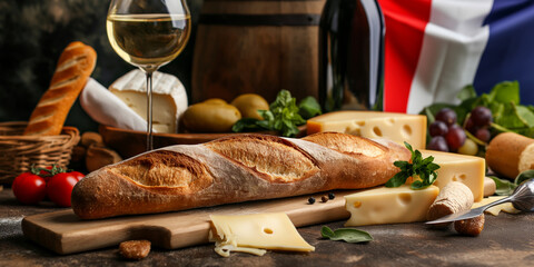 French food and wine creative background for menu and restaurant. Typical gourmet in France. Wine, cheese, baguette with french flag. Food menu, copy space design.