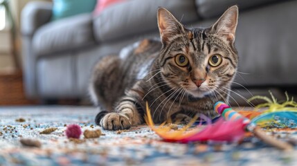 A well-fed tabby cat playing with a colorful feather toy on a living room floor, surrounded by scattered catnip.