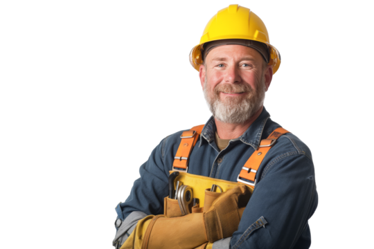 Middle-Aged Male Construction Worker with Hard Hat and Tool Belt on White Background