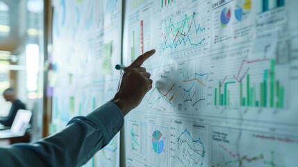 A whiteboard filled with various business graphs and charts, with a person pointing to a specific section.