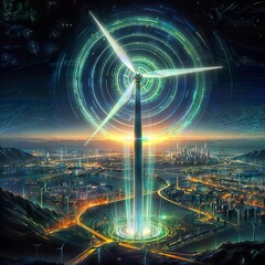 Futuristic wind turbine in a digital vortex with glowing rings, hovering over a radiant city skyline, depicting the convergence of technology and clean energy.