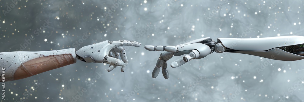 Poster robot and human hands connecting on big data network background for digital interaction